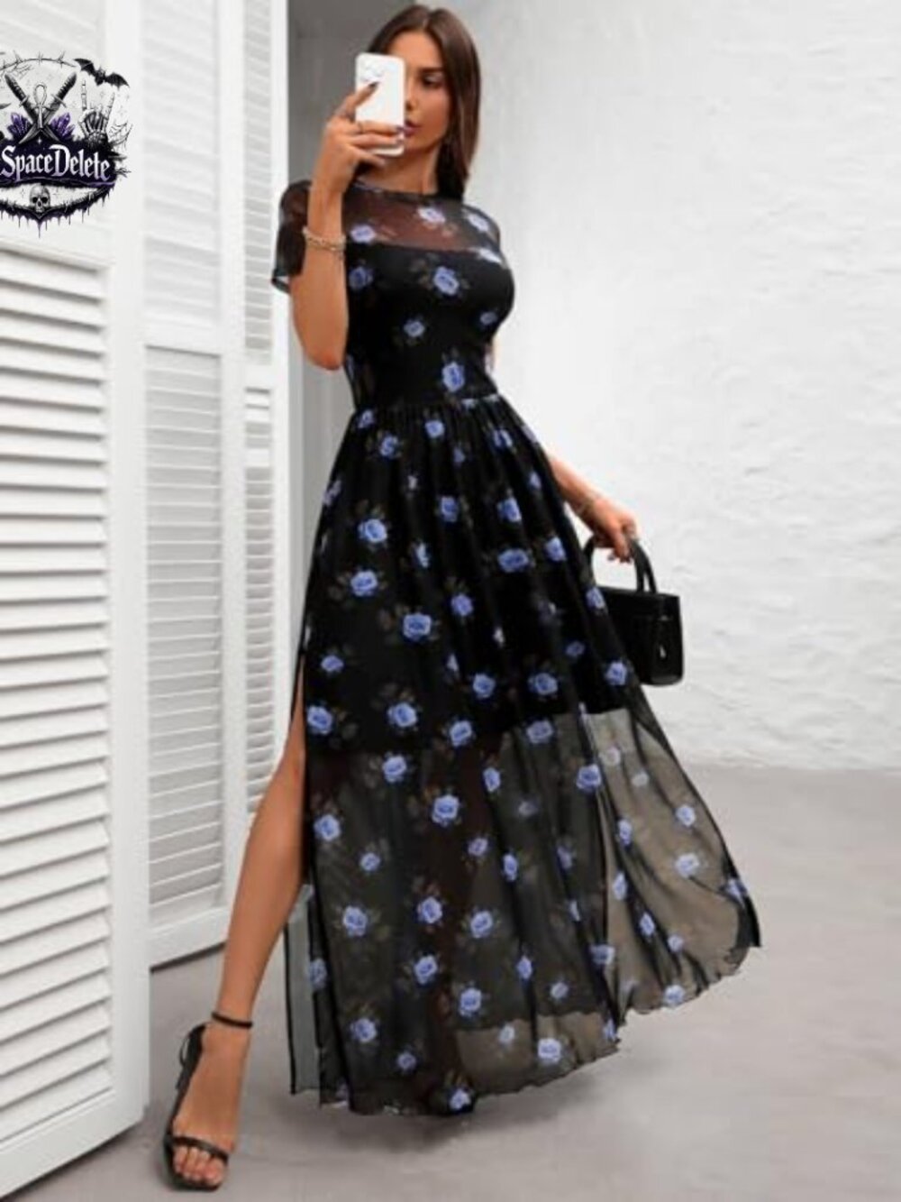 Mesh Maxi Dress with High Slit, Floral Print, Short Sleeve, High Waist - Picture 5 of 7